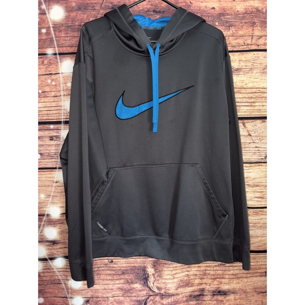 Nike Hoodie Mens Size XL Black Blue Therma Fit Sweatshirt Swoosh Logo Pullover